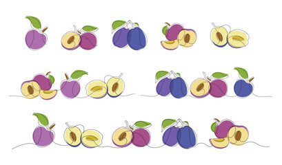 Colored vector set of simplified plums in minimalist style