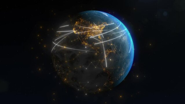 Animation visualizes concept of globally connected Earth, Americas, Europe, Asia, Oceania in night lights. Connection, information data transfer, trade paths, messaging, travel, satellites orbiting. 