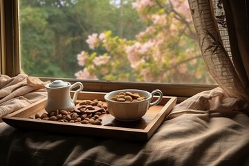 a tray with two cups of coffee and nuts on a window sill