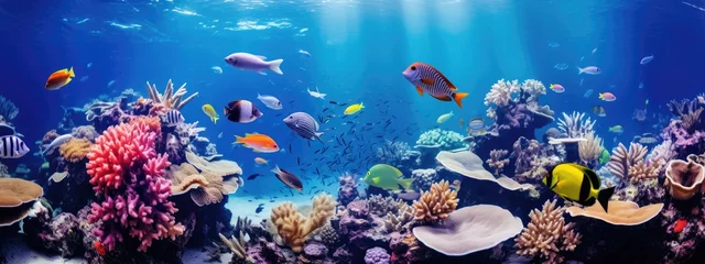 Deurstickers Tropical sea underwater fishes on coral reef. snorkel, diving. Aquarium oceanarium colorful marine panorama landscape nature. background wallpaper  © Ilmi