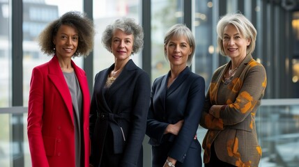 A group of smiling middle-aged businesswomen in the office, a joint corporate photo of successful international women from around the world.