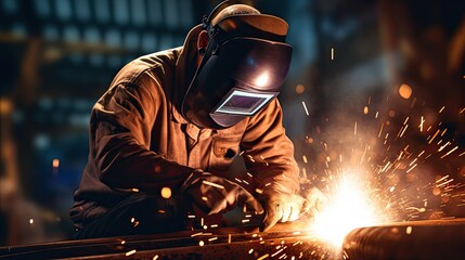 welder is welding metal , industry sparkle background. welder at work. welding machine to weld steel at factory