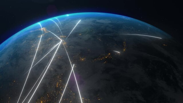 Animated visualization concept of planet Earth from space. Europe, Asia, North America, the USA. Moving white lines symbolize information and data transfer, communication, trade, and travel routes. 
