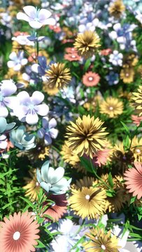 3D animation - Looped animated background of colorful flowers moved by the wind on a sunny day in vertical composition format