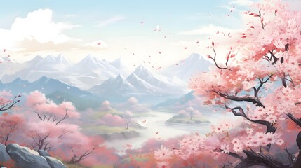 The dreamy pink flower illustrated landscape with mountian, sky and water