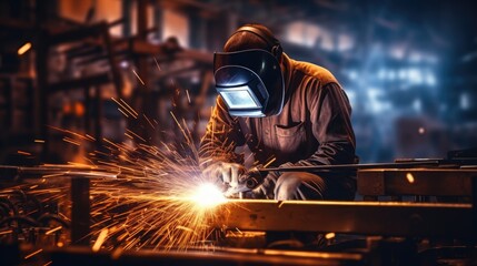 welder is welding metal , industry sparkle background. welder at work. welding machine to weld steel at factory
