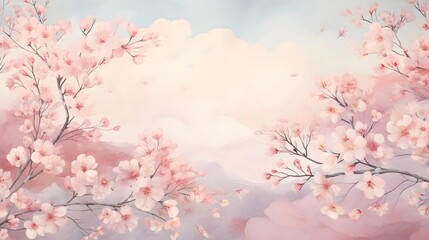 The dreamy pink flower illustrated landscape with mountian, sky 