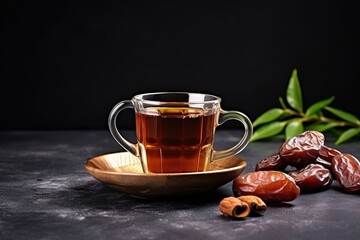 a cup of tea and dates on a table