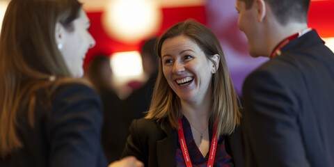 meeting within a company, networking at a reception, group of employees, businesswomen chatting at a networking event, sharing and chatting with a smile