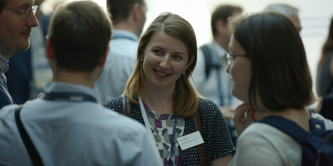 Fototapeta premium meeting within a company, networking at a reception, group of employees, businesswomen chatting at a networking event, sharing and chatting with a smile