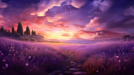Rolgordijnen Violet Sunset over dreamy lavender field, landscape illustrated wallpaper