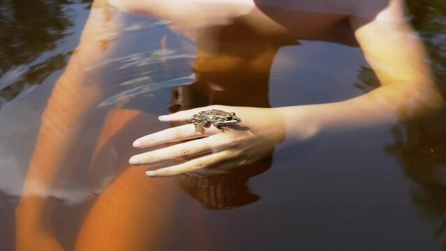 Close up, Child Playing with a Frog Underwater while Swimming in a Pond. Spotted frog sits in palm of a boy, reflected in water in sunshine. Summer, outdoor recreation. Wildlife. Discovery. Childhood.