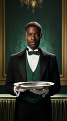 Butler holding a silver tray. Concierge. Waiter. Butler in green tuxedo. Casino staff. Hotel staff. Handsome male. Casino butler. Casino concierge. Casino host.