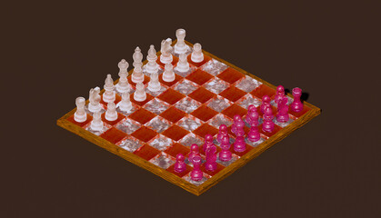 3D King Chess board Rendering, Polished Metal, pink and gold or Bronze chess pieces