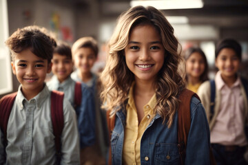 Obraz premium Happy, smiling diverse junior students, pupils, multiethnic group of children standing in the school classroom together with backpacks after the class.