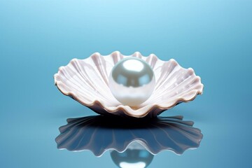 Pearl in seashell on blue background. Water design element. Generative AI