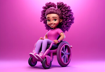 Fototapeta premium 3d illustration of smiling Animated Girl in a Stylish Pink Wheelchair on a Vibrant pink Purple Background
