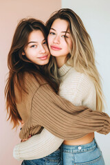 vertical photo of Two Young Women in Sweaters Sharing a Warm Embrace, Friendship Concept