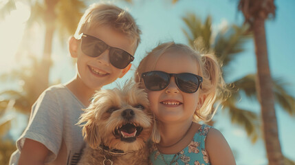 two children in sunglasses with their dog on tropical background