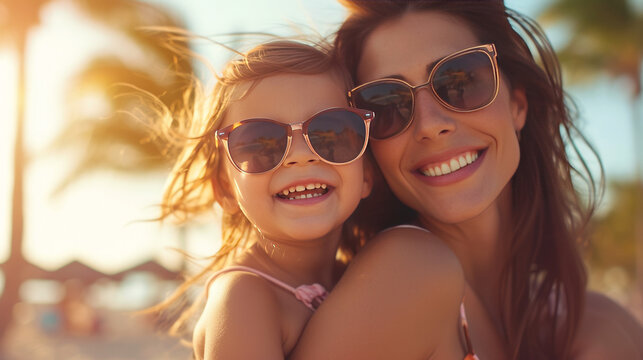 mother with her little girl with sunglasses on tropical background