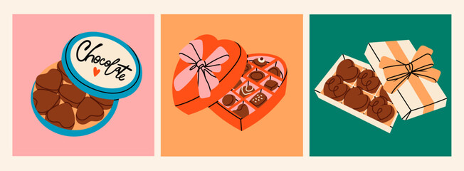 Various Chocolate boxes. Different shapes of chocolate. Candies in box. Tasty cocoa products. Hand drawn modern Vector illustration. Sweet, delicious dessert. Isolated design elements. Pre-made cards - 732676911