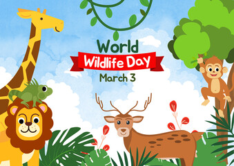 World Wildlife Day with animal in forest. Wildlife Animals with forest tree and plant. Flat vector illustration. Wild animal character