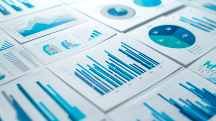 close-up of a collection of business documents with various types of charts and graphs