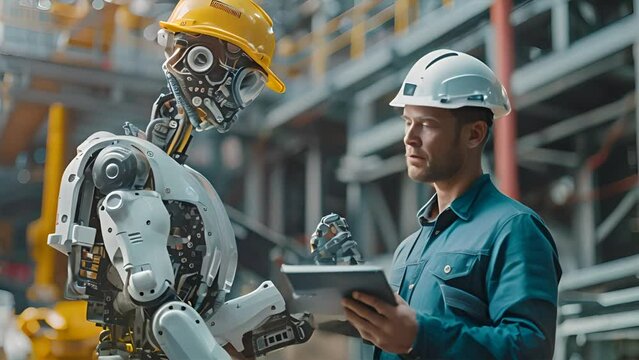 robot engineer and a man inspection construction work with a robot worker and construction site background,generative ai