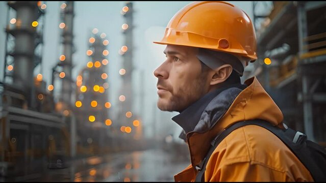 male steel working wearing orange hat standing in the middle of a modern and clean steel plant,generative ai