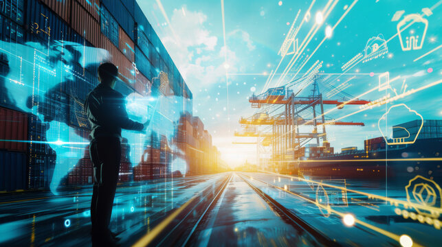 futuristic scene where a person is using augmented reality (AR) to interact with a complex interface, overlaid on a shipping port background.