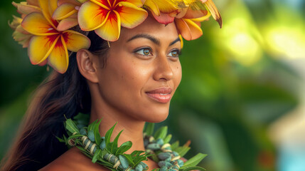 Beautiful Hawaiian woman with yellow floral lei headpiece looks away thoughtfully, greenery softly blurred in background. - obrazy, fototapety, plakaty