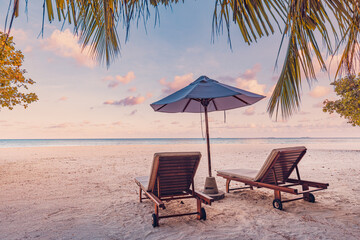 Amazing beach. Couple chairs umbrella sandy beach sea. Luxury summer holiday vacation resort hotel tourism. Inspire tropical landscape. Tranquil romantic relax sea sky beautiful honeymoon landscape