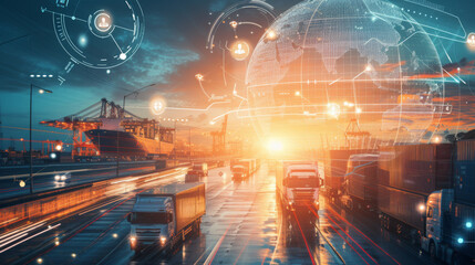 dynamic transportation and logistics concept, showcasing various modes of freight transport such as trucking and aviation, integrated with digital connectivity and global networking.