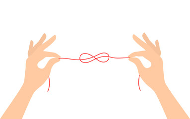 Two hands holding a red thread tied into a knot in the shape of an infinity sign, isolated on a white background. Flat vector illustration