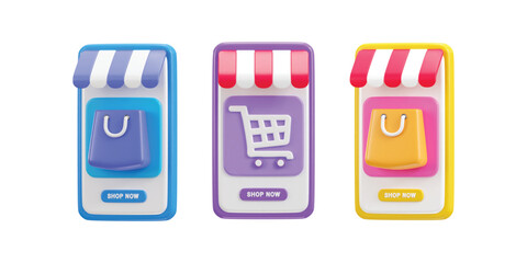 online shopping concept on mobile app shopping cart icon vector illustration set