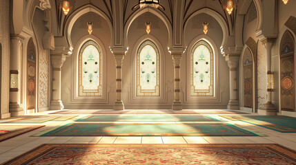 Sunshine entering through Windows Beautifully in Empty Mosque for Ramadan and Eid 2024.