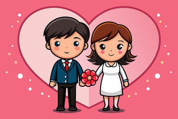 Happy valentine's day banner with cute cartoon couple character and love vector illustration