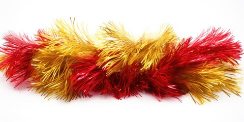 Isolated Christmas Tinsel Decoration in Red and Golden. Festive Holiday Ornament on White Background