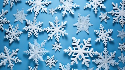 Group of Hand-Made Paper Snowflakes for Ornament Decor on Blue Seasonal Background