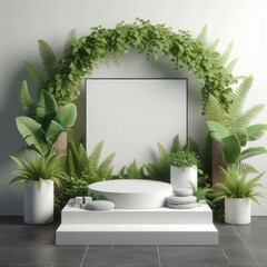 A nature-inspired product display with a beautiful archway adorned by ferns and tropical plants in a serene setting.
