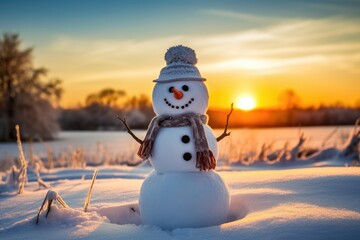 Obraz premium Snowman in Winter Wonderland During Sunset with Orange Sky Background