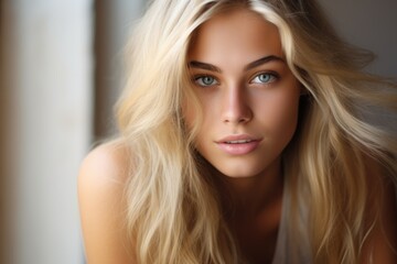 Fototapeta premium Portrait of Beautiful Young Blonde Teenage Girl - Happy and White Background