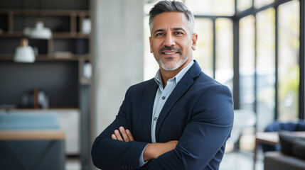 Fototapeta premium A cheerful man in a suit and tie stands confidently in an office environment, exuding professionalism and happiness.