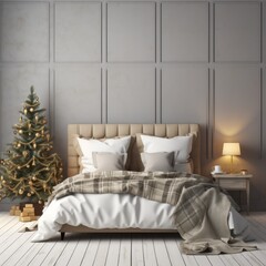 Scandinavian Style Christmas Interior. Mock Up Wall with Festive Wall Art, Luxury Home Furniture