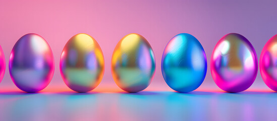 Metallic Colors Easter eggs on a purple background. 3D rendering.