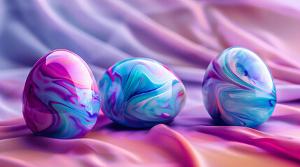 Three easter eggs on a pink silk background. 3d illustration. Beautiful easter eggs for an antiaging website, radiant, colorful, synthwave style. - obrazy, fototapety, plakaty