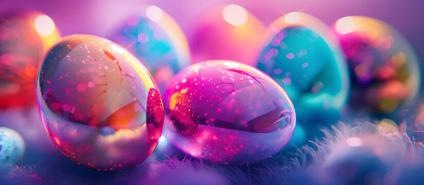 3D rendering of colorful glass easter eggs against a purple bokeh neon pink and blue lights. Beautiful easter eggs for an antiaging website, radiant, colorful, synthwave style.