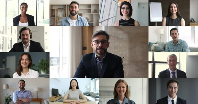 Head shot portrait mature 40s Hispanic businessman, boss, team leader make speech during formal online meeting with multiracial colleagues, multiple videos collage view. Videoconference app, business