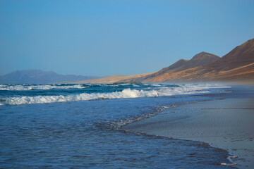 Landscape from Cofete beach in Fuerteventura in Jandia Natural Park with mountains