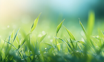 High green grass with soft focus and beautiful bokeh, macro. Natural gentle plant background.
